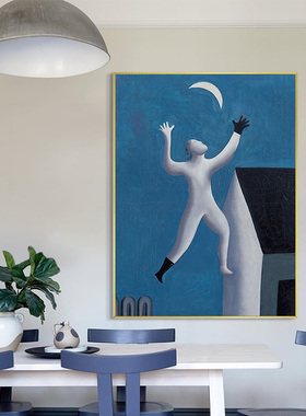 「梦里不归牛顿管」趣味客厅装饰画艺术蓝色油画小众创意餐厅挂画