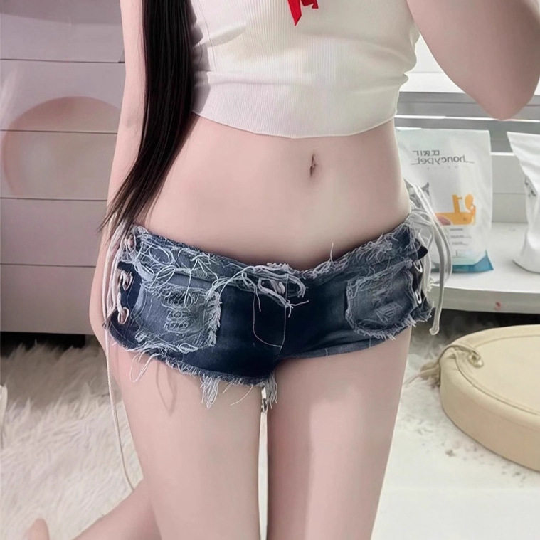 酒吧钢管舞低腰绑绳牛仔热裤