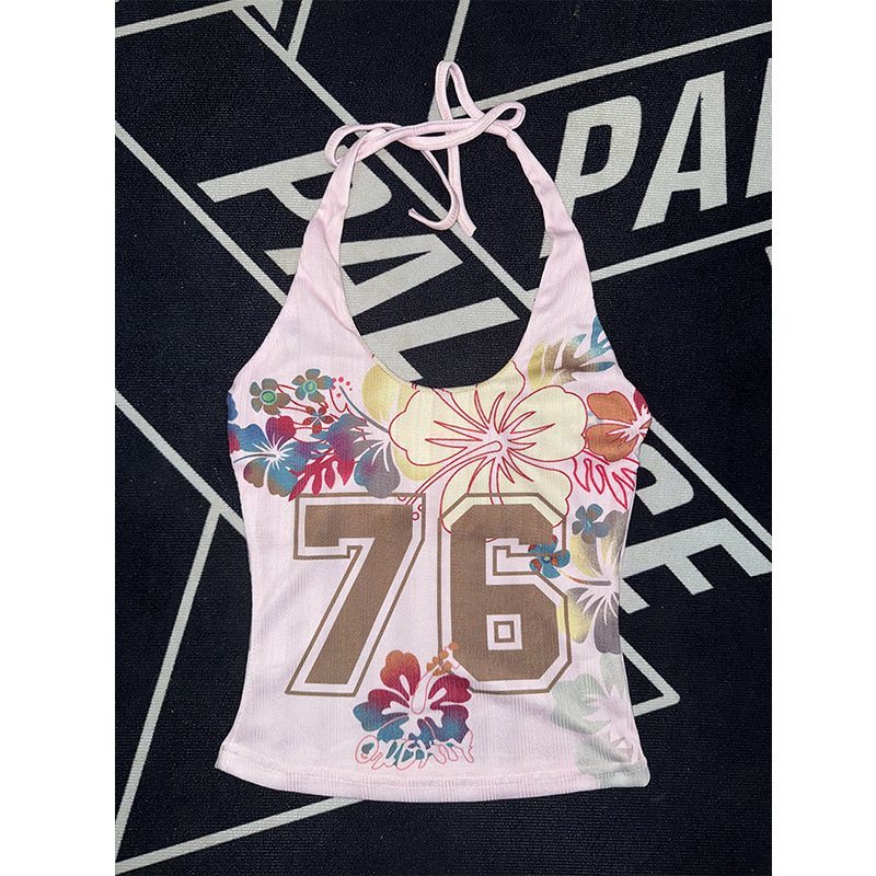 欧美纯欲海岛花朵字母女高球衣印花甜辣妹淡粉色挂脖绑带背心