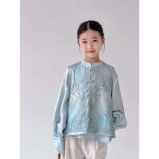 高定人丝衬衣 织锦缎提花珠片刺绣马甲 小众新中式 亲子 碧玺