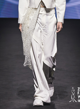 白色拼贴设计高腰宽松微阔腿裤