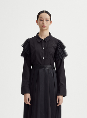 通勤单件小众黑色原创荷叶边衬衫  Esa Liang梁冰琴原创设计师款
