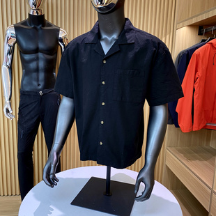 日单~古巴领！夏季男士新款高端黑色透气宽松休闲高级感短袖衬衫