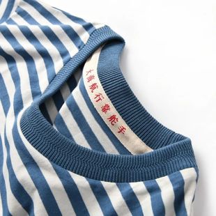 宽松男女T恤 t恤复古怀旧海魂衫 重磅美式 咔叽270g纯棉蓝白条纹短袖
