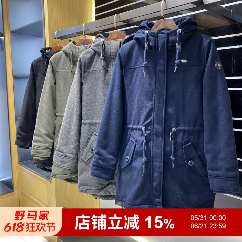 欧单 复古防毛呢加厚保暖连帽抽绳收腰显瘦中长款棉衣棉服外套女