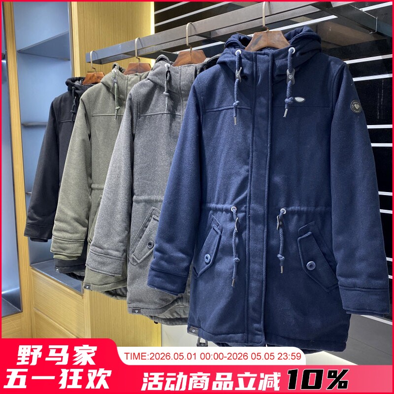 欧单 复古防毛呢加厚保暖连帽抽绳收腰显瘦中长款棉衣棉服外套女