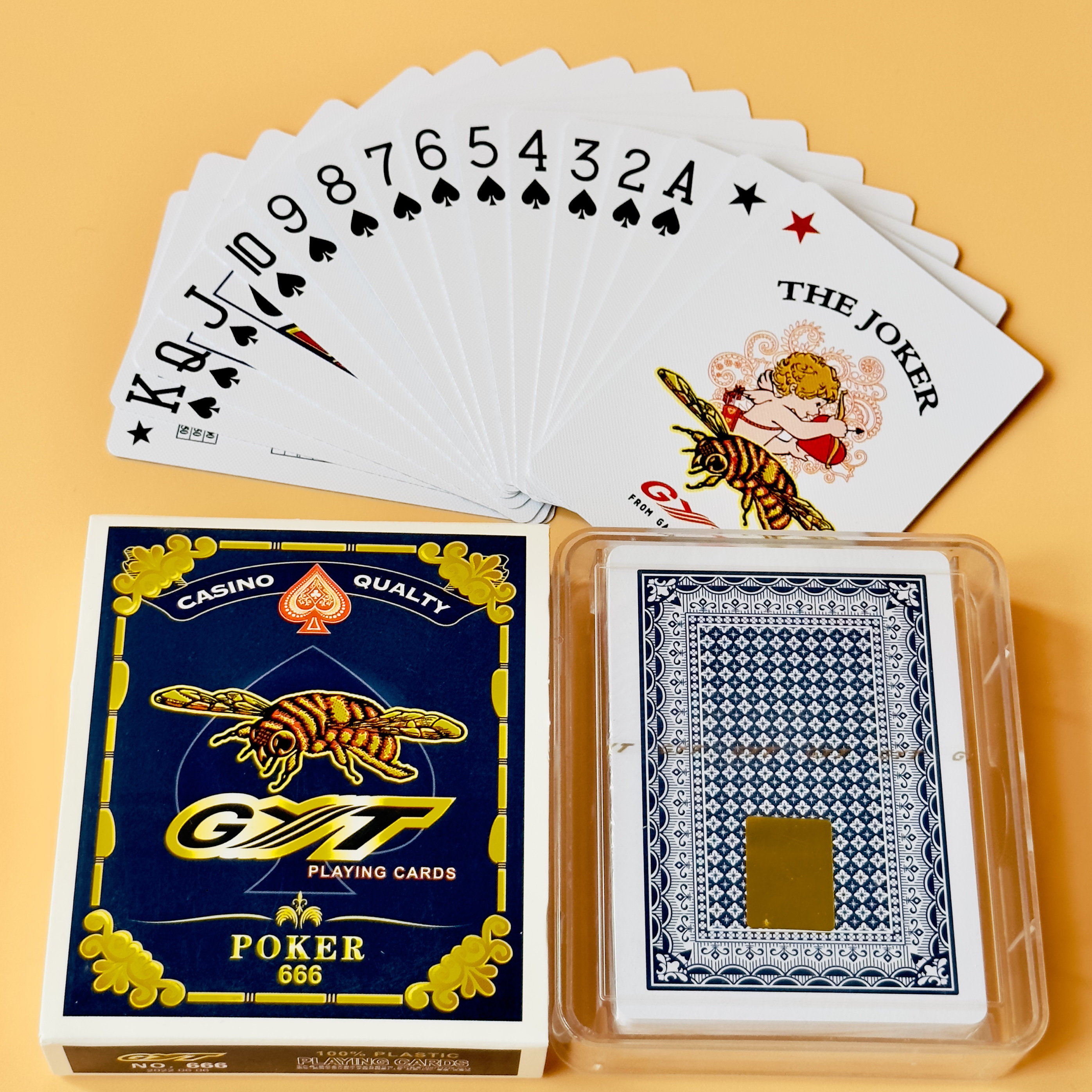 Gyt1666金艺54张 全牌塑料扑克宽版12副 大蜜蜂白边小字 麻面布纹