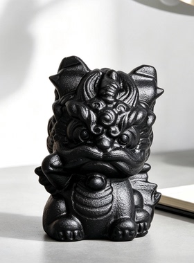 黑曜石狮子黑色水晶石材醒狮摆件