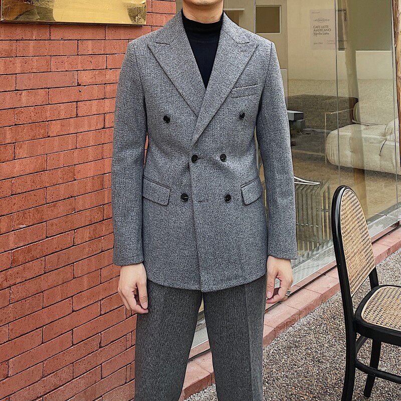 2021 겨울 복고풍 두꺼운 물떼새 격자 무늬 더블 브레스트 정장 영국 따뜻한 신사 정장 남성용 투피스 슈트