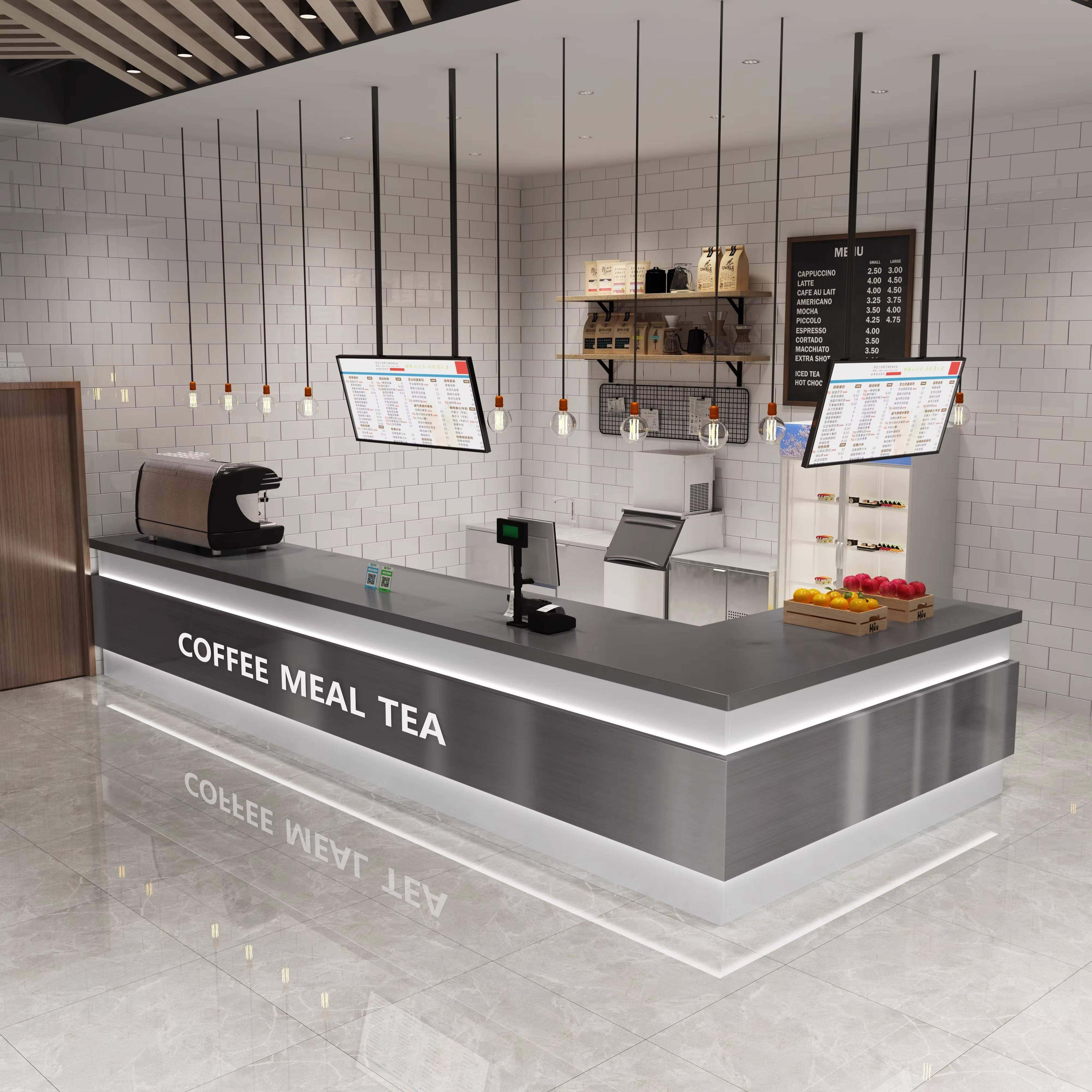 不锈钢圆弧奶茶店吧台收银台咖啡甜品店转角水吧酒吧简约服装前台