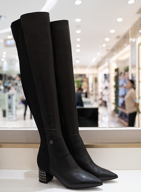 专柜正品Roberta诺贝达女鞋RA00702舒适粗跟高筒靴尖头水钻长靴子