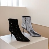 专柜正品 23冬靴尖头水钻高跟短靴RA237212 Roberta诺贝达女鞋