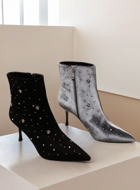 专柜正品Roberta诺贝达女鞋 23冬靴尖头水钻高跟短靴RA237212