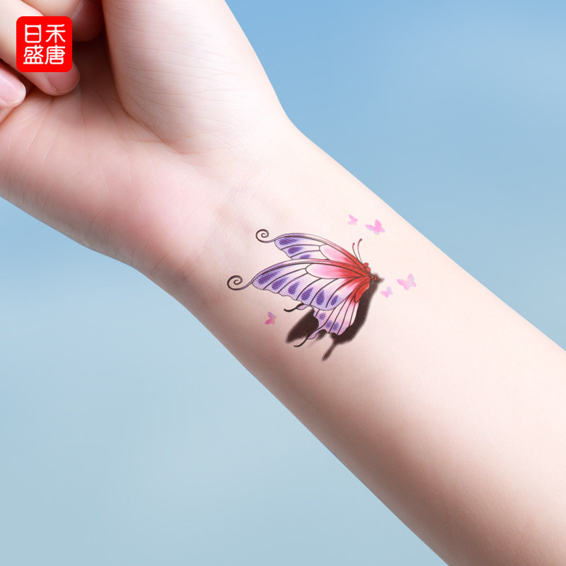 国风荷花手臂手腕锁骨脚踝高颜值彩色纹身贴女防水持久小图案贴纸
