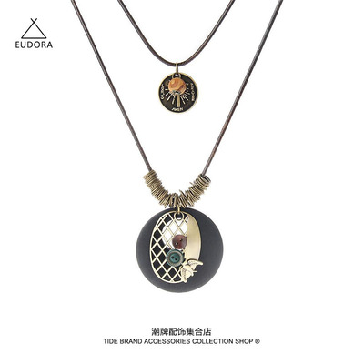 自制双层复古民族风木制吊坠项链