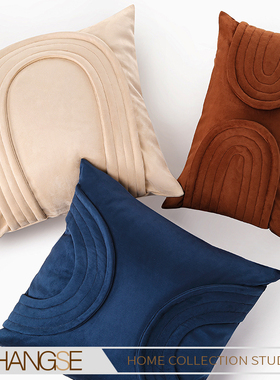 尚塞布艺现代样板间天鹅绒抱枕系列蓝色丝绒布床头沙发条纹靠枕背
