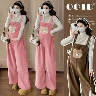 加绒套装 休闲孕妇装 2025新款 宽松大码 小熊灯芯绒背带裤 孕妇秋冬款