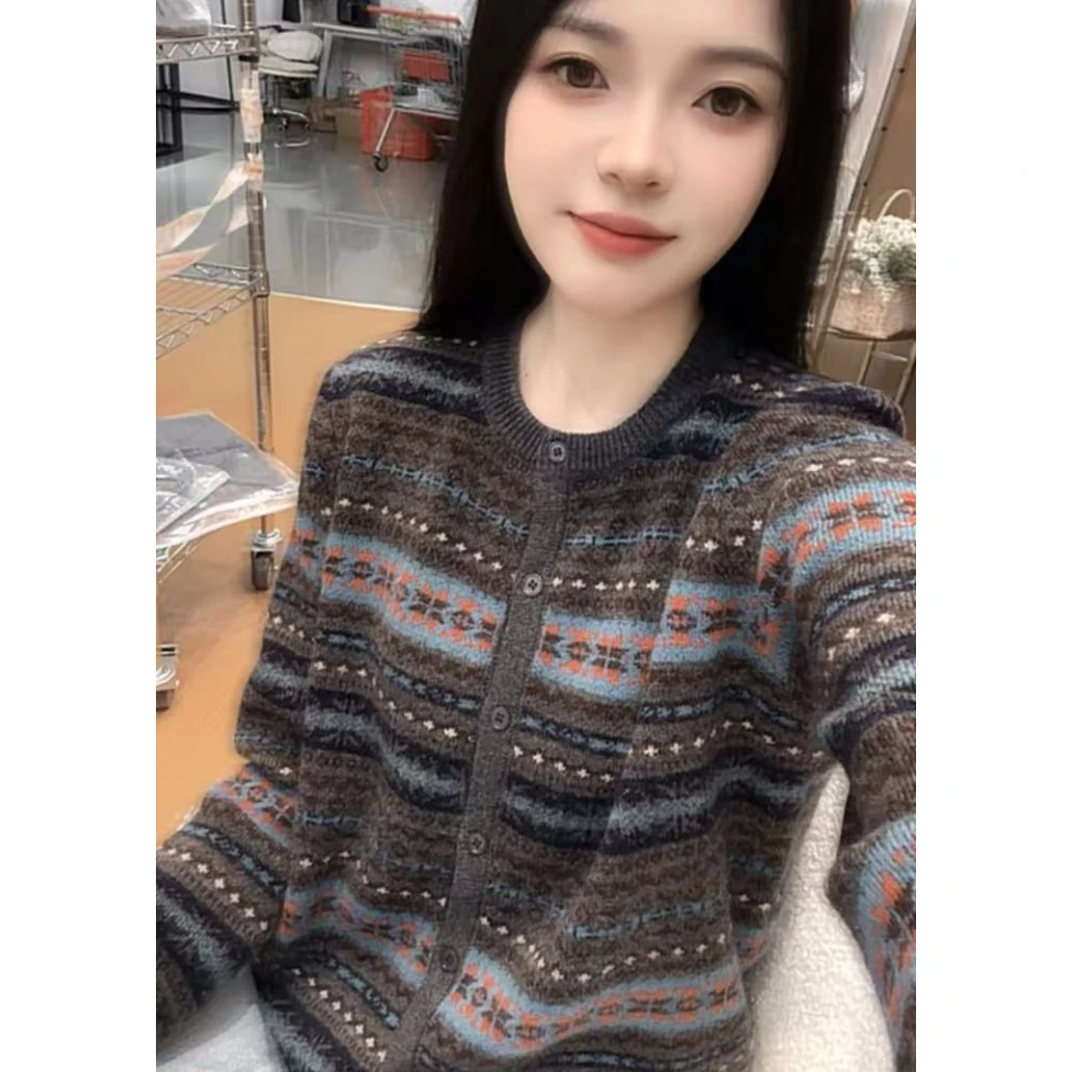 丽姐家~费尔岛提花毛衣开衫上衣网红时尚百搭宽松秋冬气质慵懒风
