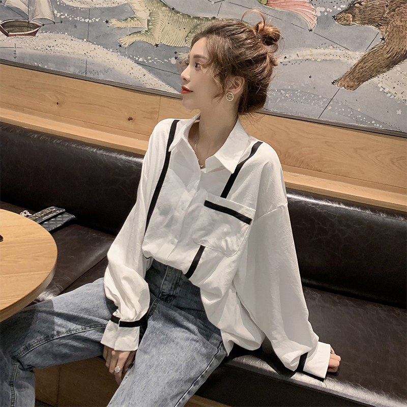 上衣女2025年春装新款韩版宽松长袖衬衣百搭设计感小众心机衬衫潮