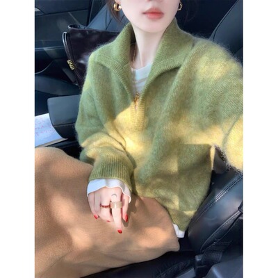 多巴胺绿色半开翻领慵懒宽松针织衫毛衣女冬季加厚可外穿内搭上衣