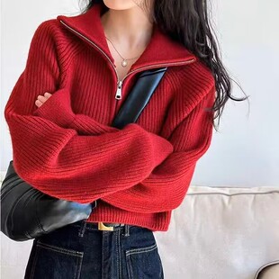 设计感半高领纯色拉链红色针织衫女短款秋季新款高腰毛衣宽松加厚
