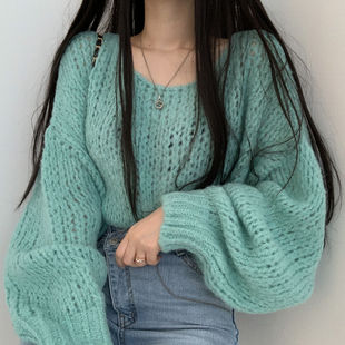 早春款糖果色百搭宽松套头针织衫设计感灯笼袖粗线圆领针织毛衣