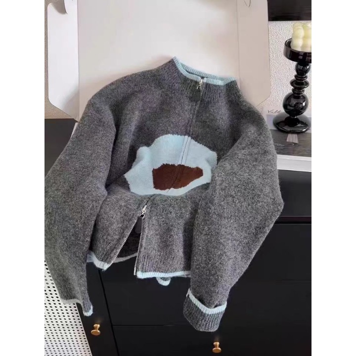 学院风韩系撞色高级感拉链针织开衫秋冬休闲慵懒软糯毛衣外套上衣