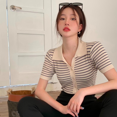 2025夏季新款条纹冰丝短袖t恤女Polo衫修身显瘦气质针织开衫上衣