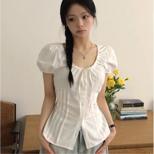 韩国chic收腰显瘦抽绳设计小衫夏季新款泡泡袖上衣女法式白色衬衫