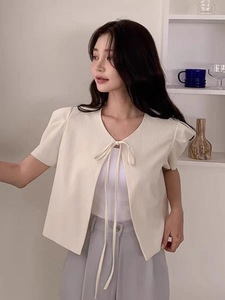 韩国chic夏季温柔减龄圆领绑带设计宽松百搭小香风短款开衫外套女