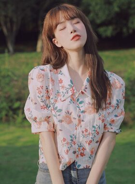 碎花衬衫女夏春秋新款2022年春款设计感小众雪纺衫泡泡袖v领上衣