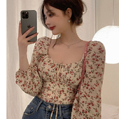 碎花方领上衣衬衫 露锁骨小衫 女设计感小众泡泡袖 抽褶春款 修身 法式