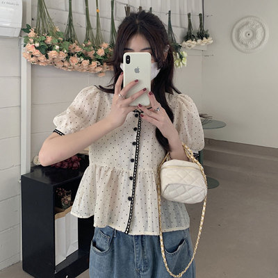 短袖雪纺衫女夏季2025新款法式超仙衬衫收腰裙摆娃娃衫泡泡袖上衣