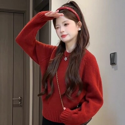 圣诞新年红色圆领毛衣女韩系秋冬巨好看独特漂亮宽松针织打底上衣