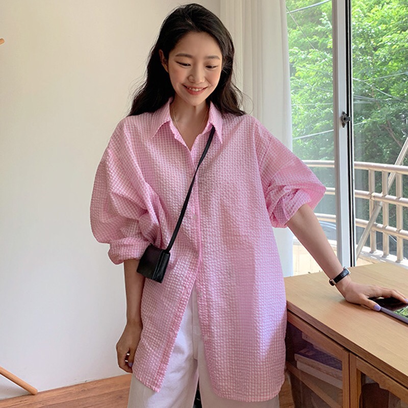 清新格子衬衣女早春2025慵懒温柔泡泡纱纹理感百搭宽松中长款衬衫