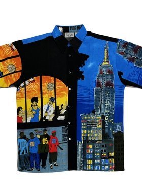 90s美式复古纽约城老学校HIPHOP经典街舞BBOY说唱RAPPER大码衬衫