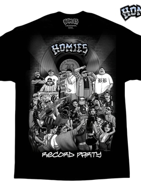 美国进口HOMIES黑胶派对HIPHOP奇卡诺说唱DJ街舞BBOY大码T恤短袖
