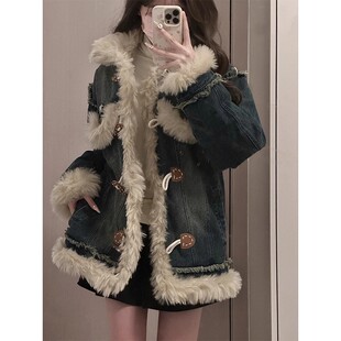 美式羊羔毛绒拼接牛仔外套女冬季2024新款加绒加厚保暖高级感棉服