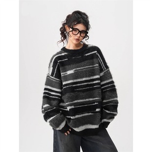 青少年内搭保暖线衣 马海毛慵懒风针织衫 美式 撞色条纹毛衣男生冬季