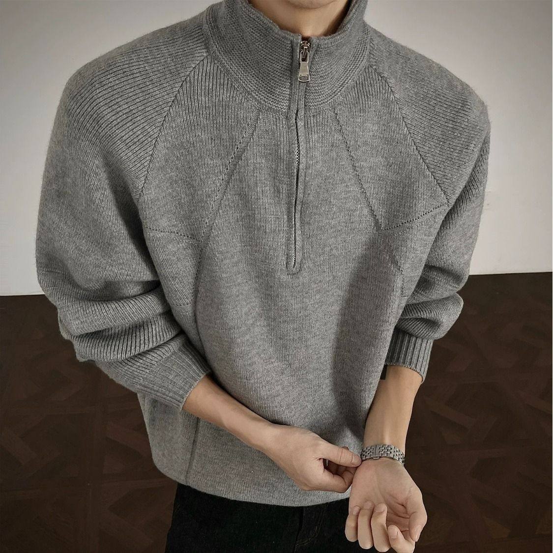 拉链半高领毛衣男款冬季韩版宽松针织外套男装青年时尚休闲立领潮