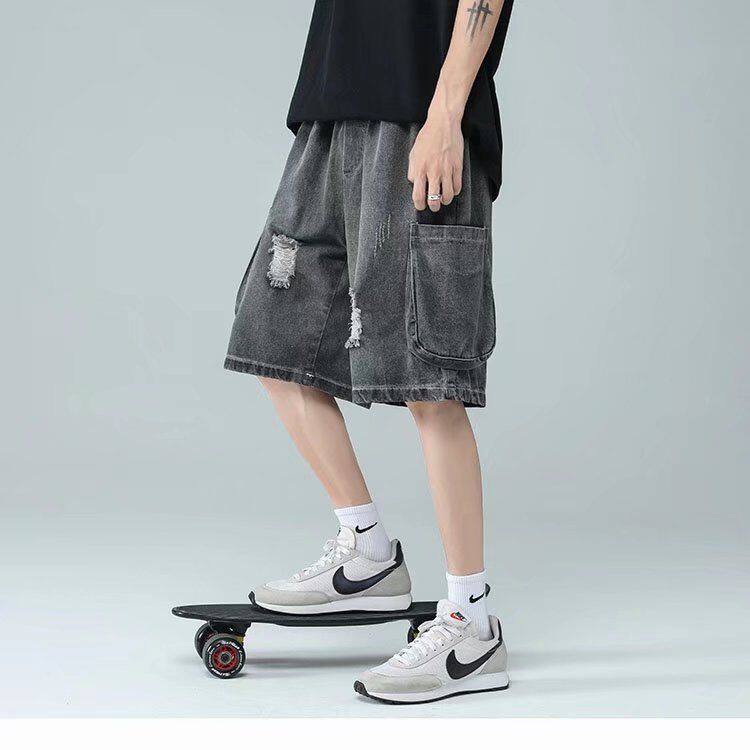 夏季男士牛仔短裤韩版宽松超火破洞直筒裤子bf港风青少年潮流中裤