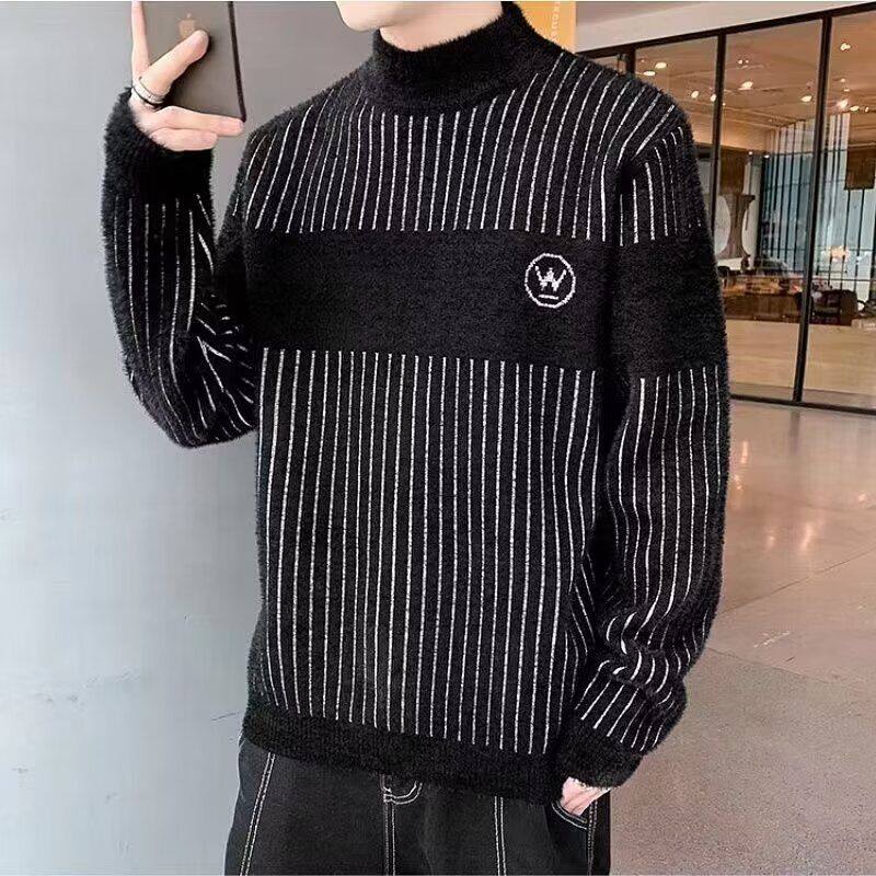 男士圆领针织半高领条纹毛衣男秋冬季新款宽松打底针织衫2026年潮
