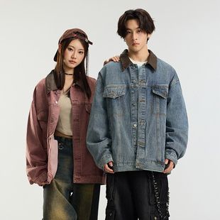 皮领拼接日系时尚潮流气质百搭翻领牛仔外套夹克宽松版原宿新款潮