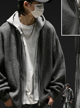 P53网图MY82北极绒假二件连帽毛衣黑色灰色M到2XL