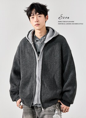 P53网图MY82北极绒假二件连帽毛衣黑色灰色M到2XL