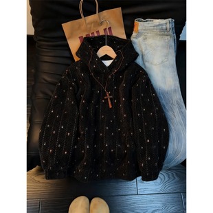 小香风七彩条纹针织卫衣男秋冬美式 慵懒风情侣外套 复古重磅连帽衫