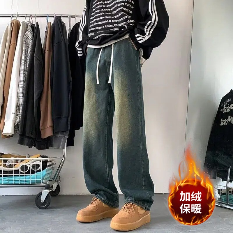 614-1原版质量加绒复古蓝直筒牛仔裤