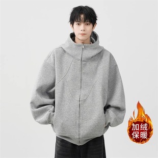 潮牌设计感拼接卫衣高街百搭情侣帽衫 美式 重磅解构连帽外套男冬季