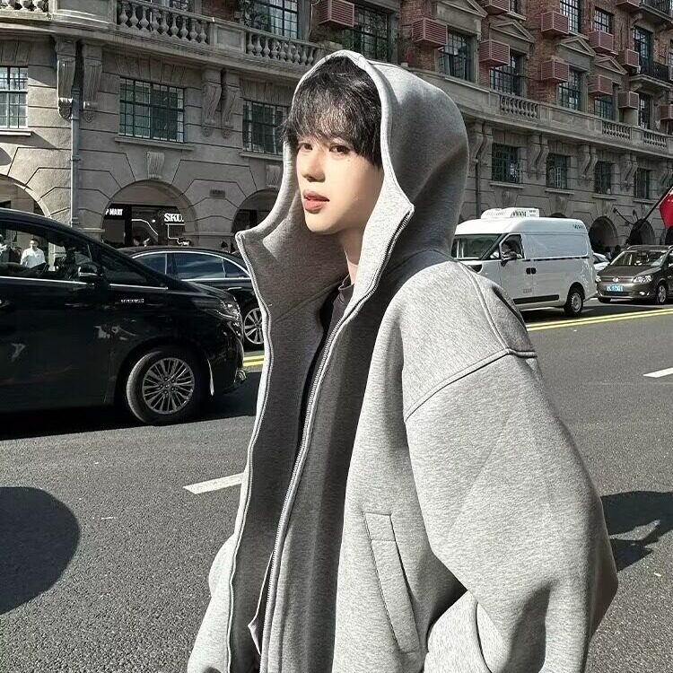 浅灰色短款连帽卫衣男潮流美式重磅大帽子外套空气层廓形开衫夹克