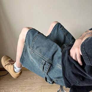 薄款 男夏季 潮牌宽松直筒五分裤 美式 子 工装 复古水洗休闲裤 牛仔短裤